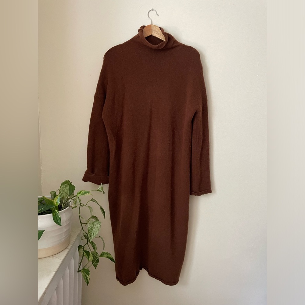Brown mock neck wool blend midi dress